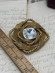 Large Brooch Goldtone Knotted Rope Clear Center Rhinestone VINTAGE 90s