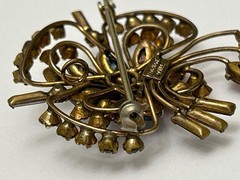 Quill 12K GF Gold-Filled Pink & Blue Floral Rhinestone Brooch Pin Vintage 1950s