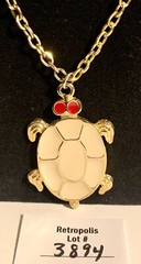 Enamel Turtle Necklace Gold Tone White & Red Vintage