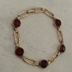 VTG Simmons Art Deco Bracelet Red Faceted Glass 10k Gold Filled Links Signed