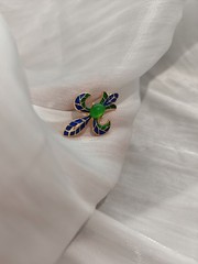 Vintage Trifari Fleur-de-lis Brooch Cloisonne Enamel Green Cabochon Jewelry Pin