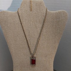 Vintage Plastic Red Stone Necklace 16.5″ With 2.5″ Extender Gold Tone