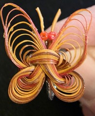 Vintage Quilled Butterfly Brooch with Matching Earrings Orange Red Gold Colors