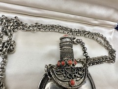 Antique Victorian Silver Snuff Bottle Filigree Red Coral? Tibetan? 32in Read