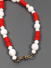 Vintage Red White Glass Stacked Disc Bead Necklace Nautical MCM Mod 32 in