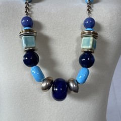 Vintage Chicos Turquoise Color Navy Blue Necklace Ceramic Acrylic Mixed Metal