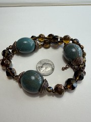 Vintage Necklace Large Blue Green Ceramic Beads, Crystal, Copper Findings 27”