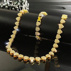 Diamond Tennis Heart Chain & Necklace & Bracelet Cuban Link Jewelry Set f/Women
