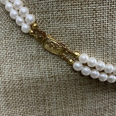 Vintage 80s faux pearl rhinestone double strand necklace in gold tone metal