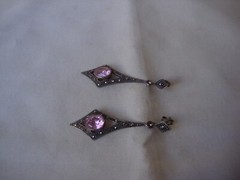 VINTAGE ARROW TEARDROP PINK TOPAZ W/ MARCASITE SILVER 925 DANGLE STUD EARRINGS