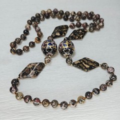 Vintage Necklace LARGE Cloisonne Bead Leopard Jasper Gemstone Knotted 33″