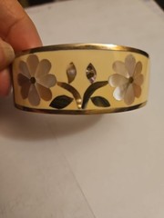 Jewelry Mexican Silver Enamel Alpaca Shell Cuff Floral Bracelet New 1763