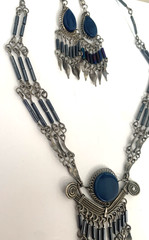 Vintage Peruvian Alpaca Metal Necklace & Pierced Earring Set Dangles Blue Stone