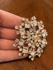 Vintage Bogoff Clear Rhinestone Snowflake Statement Brooch Silver Tone Signed!
