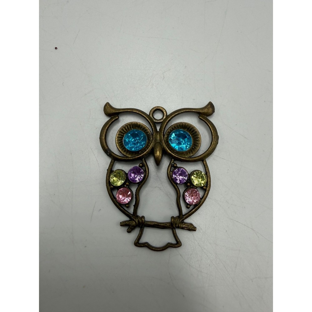 Vintage Bronze Tone Owl Pendant Charm Multi Color Rhinestone Boho Jewelry 2 Inch