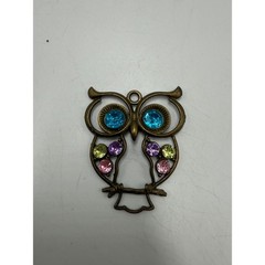 Vintage Bronze Tone Owl Pendant Charm Multi Color Rhinestone Boho Jewelry 2 Inch