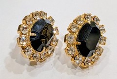 Eisenberg Ice Black Jet Oval Rhinestone Halo Clip Earrings Gold Tone Orig Card