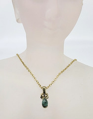 Faux Jade Green Oval Cabochon Gold Tone Pendant Chain Necklace Rhinestone Accent