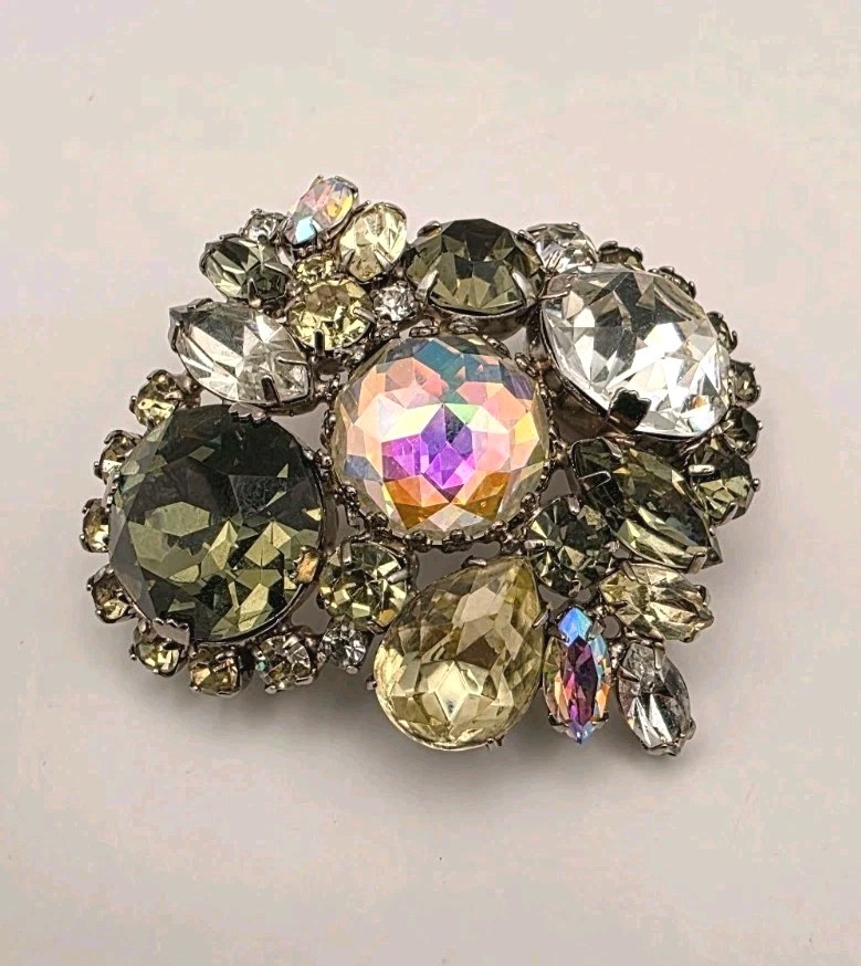 Vintage Rare Unsiged Hobe AB Faceted Inverted Glass W/Yellow, Grey, Clear Brooch