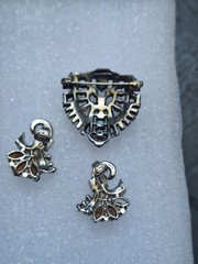 Vintage Clear Rhinestone Silver Tone Brooch Pin + Earrings 3 piece set