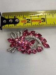 Vintage Eisenberg Ice Pink Clear Rhinestone Floral Brooch Silver Tone Signed