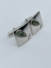Vintage Swank mens cufflinks green teardrop faceted glass stone rope accents