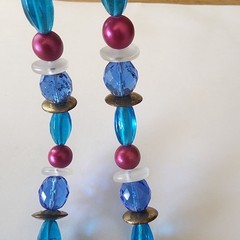 Vintage Sun Pendant Beaded Necklace Multi Color & Blue Beads Gold Tone See Pic *