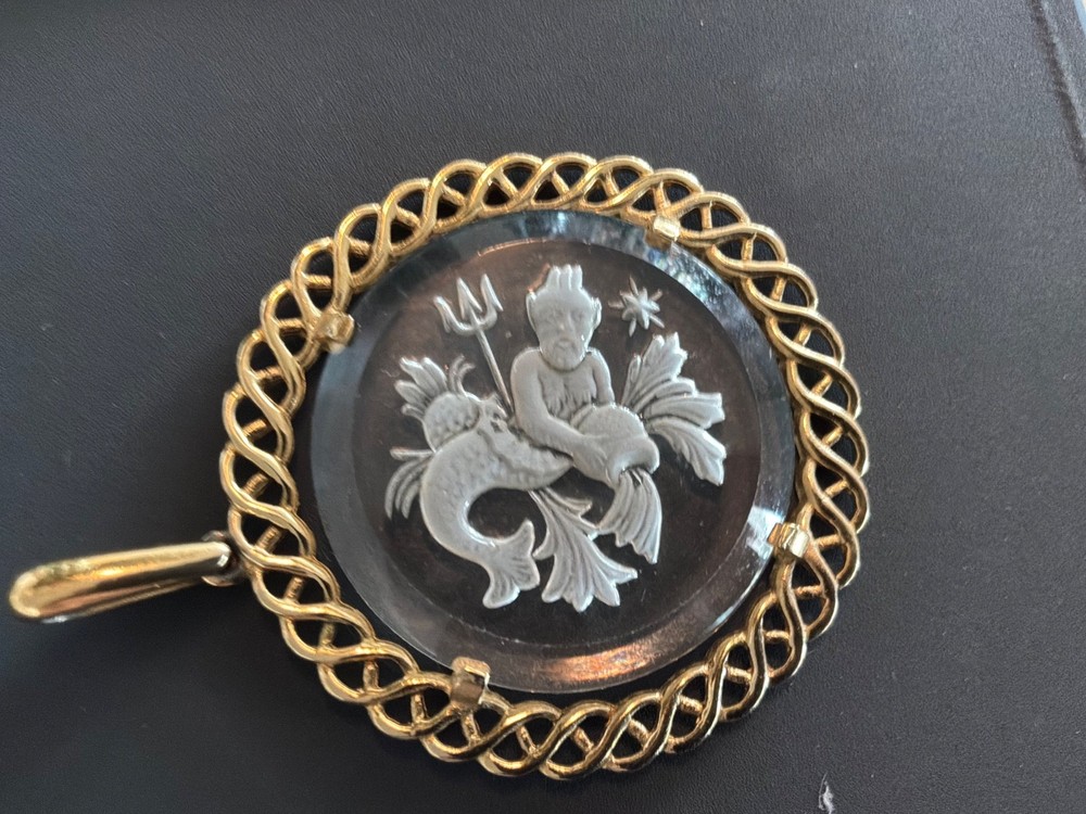 Vintage 1950’s to 1970’s Crown Trifari Zodiac Sign Etched Glass Pendant