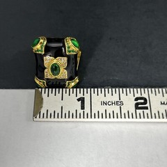 Gripoix Glass Cocktail Ring Gold Tone Black Enamel Green Cabochon Adjustable 6-9