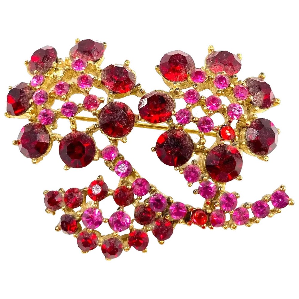 Dimensional Red and Pink Rhinestone Floral Bouquet Brooch