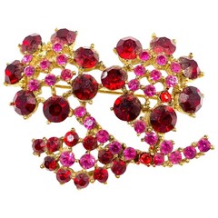 Dimensional Red and Pink Rhinestone Floral Bouquet Brooch