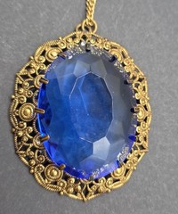 Vintage Signed West Germany Blue Glass Rhinestone Filigree Necklace Gold Tone