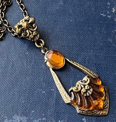 Vintage Lavalier Necklace Art Deco Pendant W/ Antique Amber Topaz Czech Glass