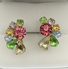 Vintage Multicolor Fruit Salad Rhinestone Cluster Gold Tone Screwback Earrings