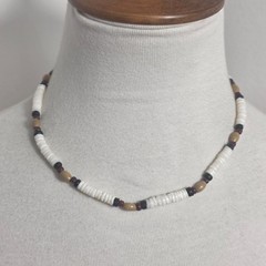 Puka Shell Necklace White Heishi Beads with Tan, Black & Burgundy Accent Beads