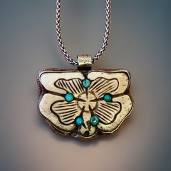 Vintage & Hand Carved Bone With Turquoise Butterfly Pendant Set In Silver 27gram