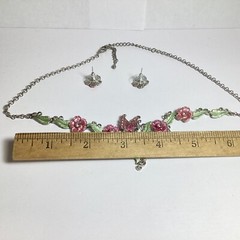 20” PINK & GREEN ENAMEL FLORAL NECKLACE & PIERCED EARRINGS SET PINK RHINESTONES