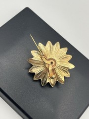 Gold tone blue rhinestone faux pearl flower brooch pin vintage