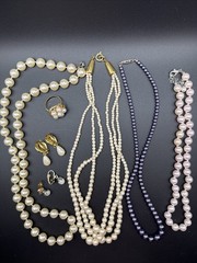 Vtg Gold Tone Faux Pearl Lot Of 7 Necklace Multi Strand Earrings Ring Unsigned