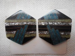 VINTAGE Art Deco Design, HEXAGON SHAPE, Glitter CLIP Earrings from France