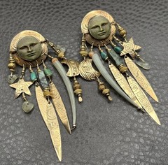 Tabra Gold Filled Man in Moon Face Turquoise Dangle Earrings Boho Celestial