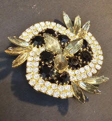 Vintage Rhinestone Brooch Prong Set Gray Black Clear Gold tone Stunning Sparkle