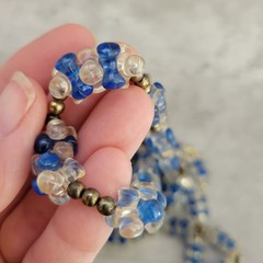 Vintage Blue Clear Plastic Bead Necklace Long Brass Spacers 32in Retro Mod Style