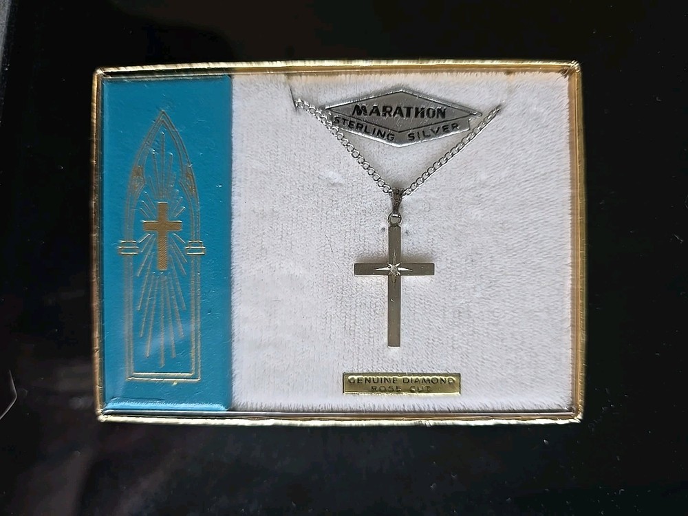 VINTAGE “MARATHON” STERLING SILVER ROSE CUT GENUINE DIAMOND CUT CROSS NECKLACE