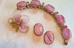 Vintage Pink Glass Costume Brooch, Earrings, Bracelet