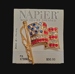 American Flag Pin by Napier 1.5″ Rhinestone Brooch Red White Blue Made in USA
