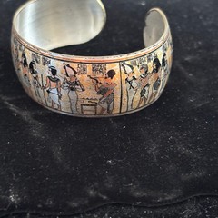 Vintage Egyptian Revival Hieroglyphic Cuff Bracelet Silver Tone Ancient Egypt