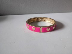 Canvas Goldtone Hinged Bracelet Hot Pink w/ Gold Hearts Enamel 7″ Textured