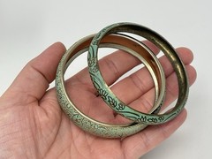 Boho Vintage Style Teal Green Embossed Brass Bangle Bracelet Mixed Set (3) Stack