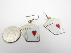Red White Enamel Royal Flush Gold Tone Cards Dangle Pierced Earrings Vintage